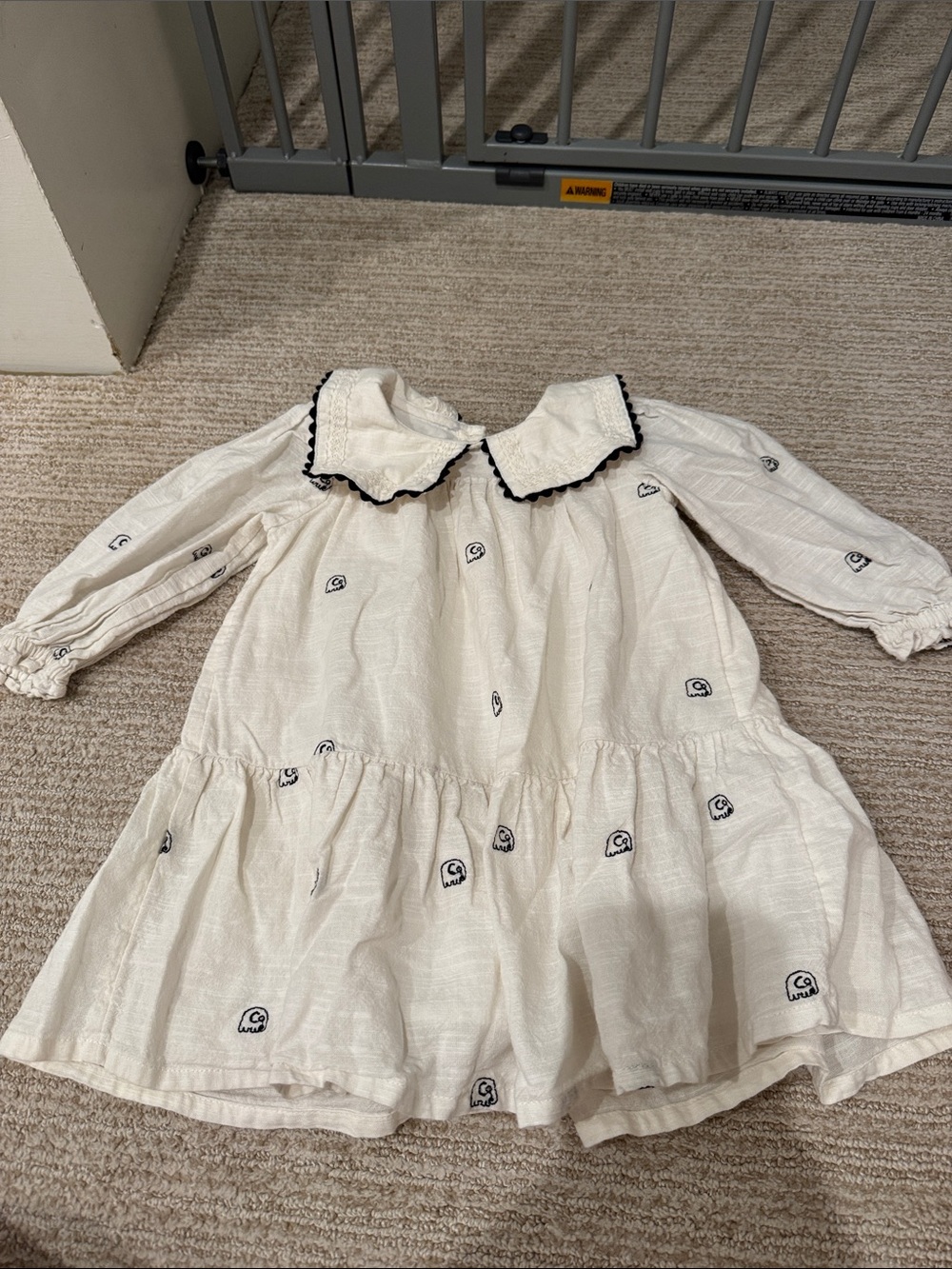 Girls' Cream Smocked Collar Dress with Black Trim